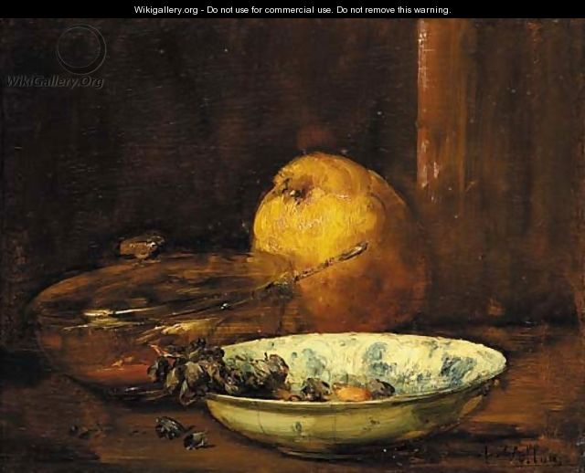 A bowl of raisins, a pear and a covered bowl - Antoine Vollon