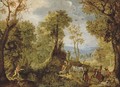 Hunters in a wooded landscape with a village and an extensive landscape beyond - Anthonie Mirou