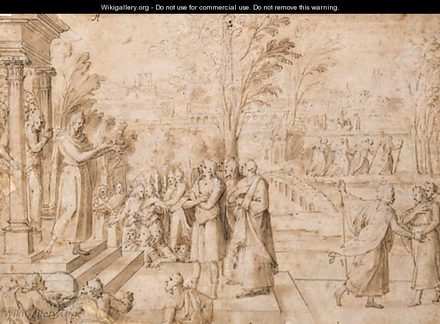 Figures imploring a Priest on the Steps of a Temple - Antoine Caron