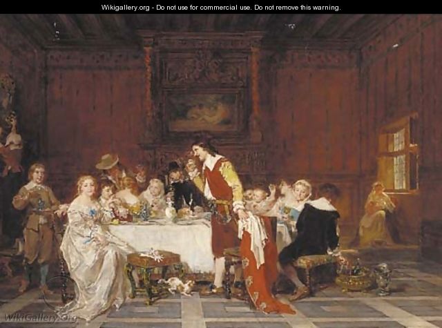 Elegant figures dining in an interior - Antoine Emile Plassan