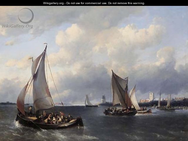 Sailing vessels on choppy water, a town in the distance - Antonie Waldorp