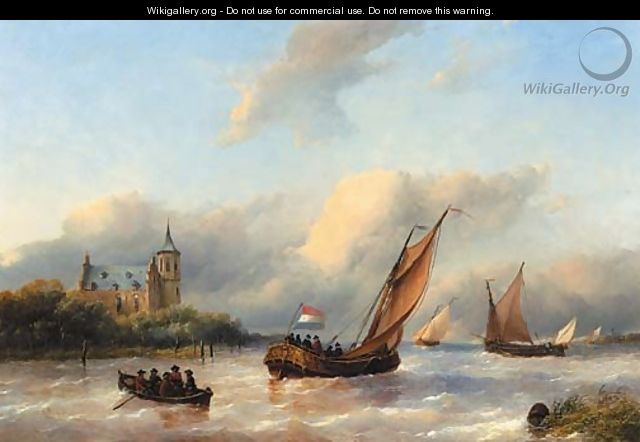 A royal barge on a choppy river with slot Loevestein in the background - Antonie Waldorp