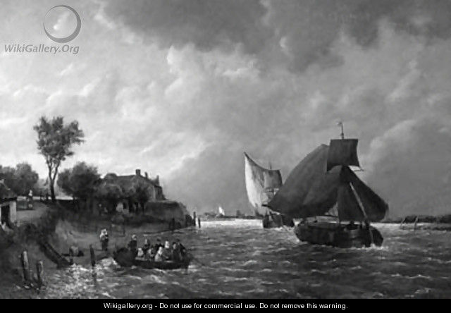 A river landscape with barges at full sail and townsfolk in the foreground - Antonie Waldorp