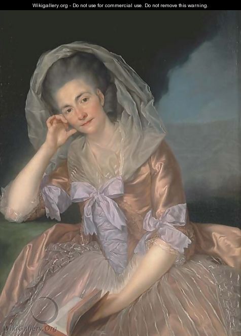 Portrait of Elizabeth Hervey (1733-1800), wife of the 4th Earl of Bristol, three-quarter-length, seated in a salmon pink dress with lilac bowes - Anton von Maron