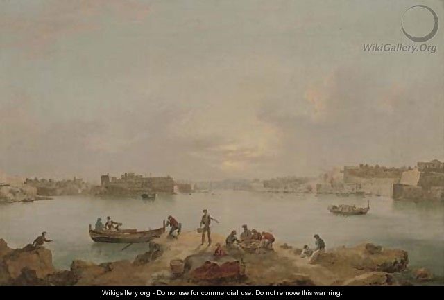 A panorama of the Grand Harbour, Valetta, at dusk - Anton the Younger Schranz