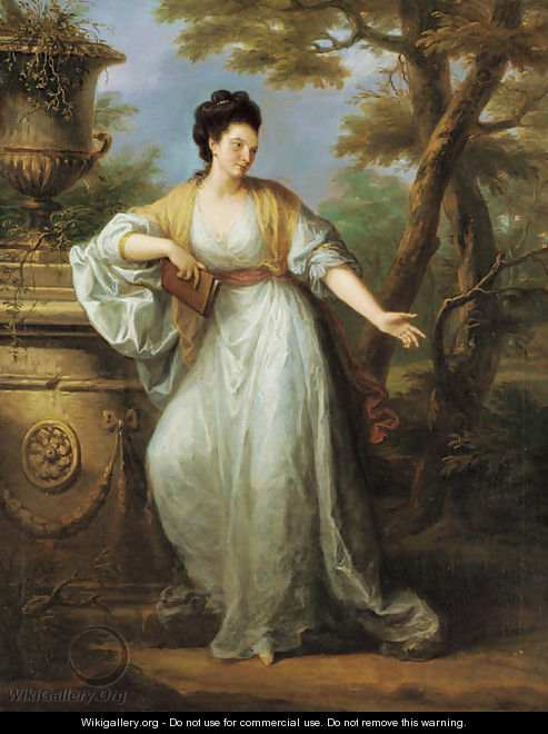 Portrait of Mrs. Mary Pocklington of Winthorpe Hall, Nottinghamshire, full-length, in a white dress with a red sash, holding a book in her left hand, - Angelica Kauffmann