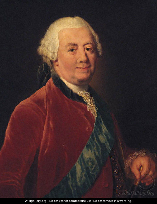 Portrait of a gentleman, half-length, wearing a red coat with a blue order sash, holding a baton - Anna Dorothea Therbusch