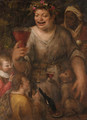 A man as Bacchus drinking wine, with two youths, a magpie, and an ape - Annibale Carracci