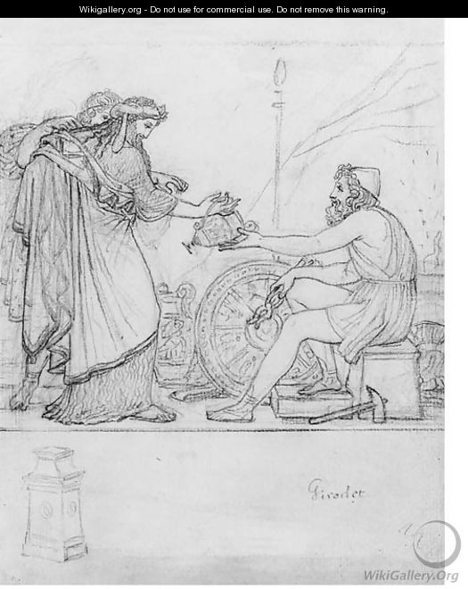 Anacreon receiving a Silver Vase from two standing Figures, with a study of a stele An Illustration to Anacreon