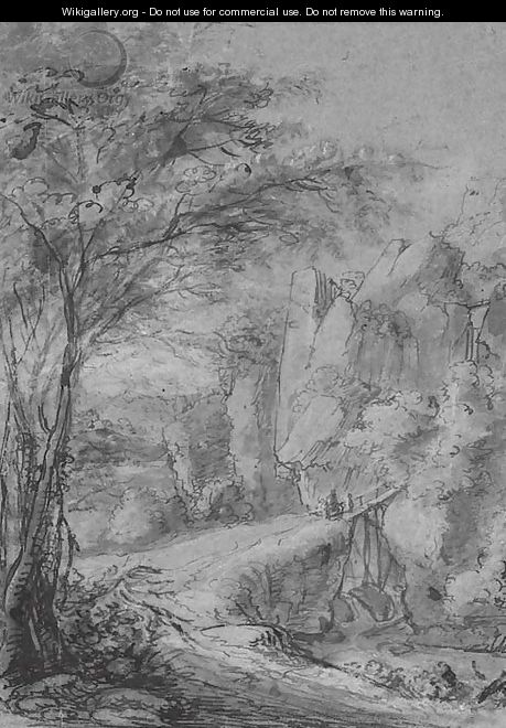 A rocky landscape with figures crossing a bridge - Anthonie Waterloo