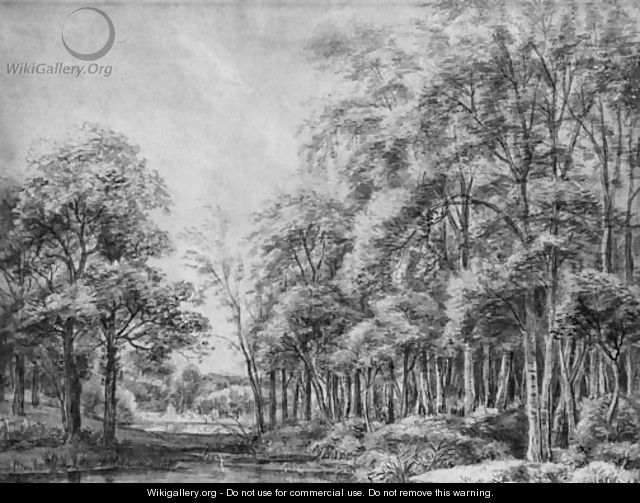 A pond on the margin of a wood, with buildings by a pool beyond - Anthonie Waterloo