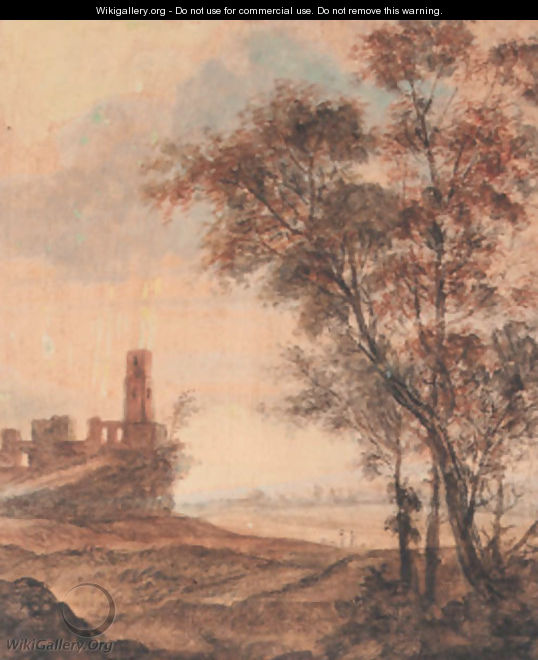 A hilly landscape with a ruin on a hill, trees in the foreground - Anthonie Waterloo