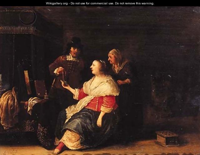 A gentleman offering a piece of jewelery to a woman in interior - Anthonie Palamedesz. (Stevaerts, Stevens)