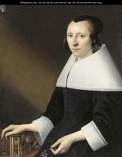 Portrait of a lady, aged 38, half-length, in a black dress with a white falling collar and cuffs, a medallion of a man, bust-length - Anthonie Palamedesz. (Stevaerts, Stevens)