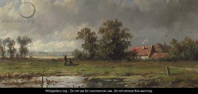 Figures resting in a polder landscape - Anthonie Jacobus van Wyngaerdt