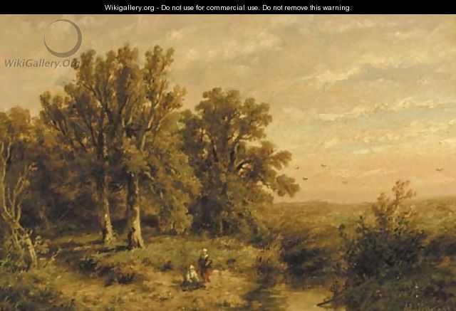 A wooded summer landscape with a peasant couple by a stream - Anthonie Jacobus van Wyngaerdt