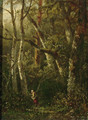 A woman picking berries in the woods - Anthonie Jacobus van Wyngaerdt