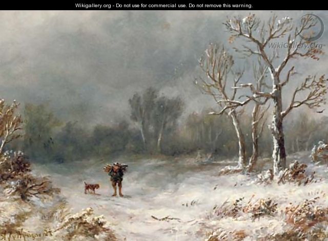 A villager and his dog in a winter landscape - Anthonie Jacobus van Wyngaerdt
