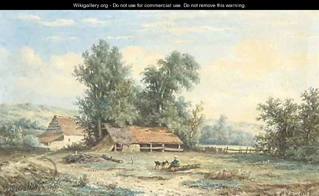 A peasant girl feeding a goat by a farm - Anthonie Jacobus van Wyngaerdt