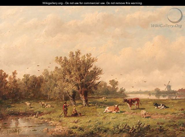 A landscape with a peasant couple and cattle - Anthonie Jacobus van Wyngaerdt