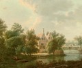 A wooded landscape with houses by a stream, a figure in a boat in the foreground - Anthonie Daniel Prudhomme