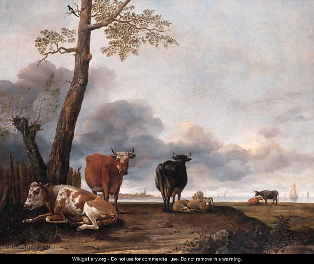 Cattle and sheep by a tree on a river bank, shipping beyond - Anthonie Cornelisz. Van Borssom