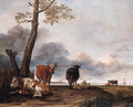Cattle and sheep by a tree on a river bank, shipping beyond - Anthonie Cornelisz. Van Borssom