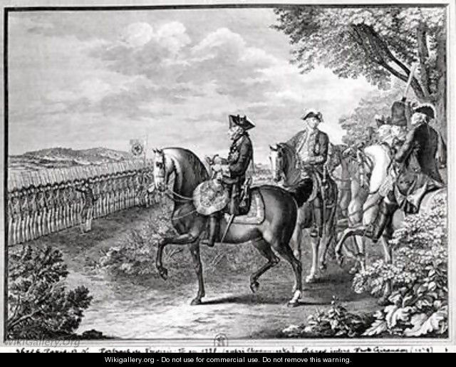 King Frederick II of Prussia 1712-86 reviewing the troops in 1778 - (after) Chodowiecki, Daniel Nikolaus