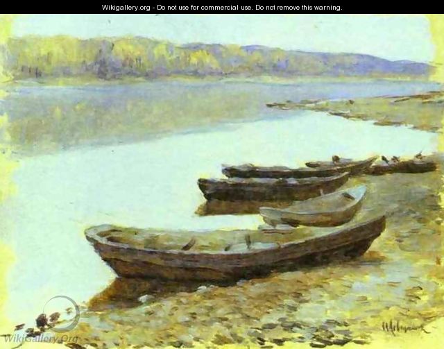 Landscape on the Volga Boats by the Riverbank - Isaak Ilyich Levitan