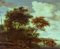 Wooded River Landscape with Cattle on a Ferry - Salomon van Ruysdael