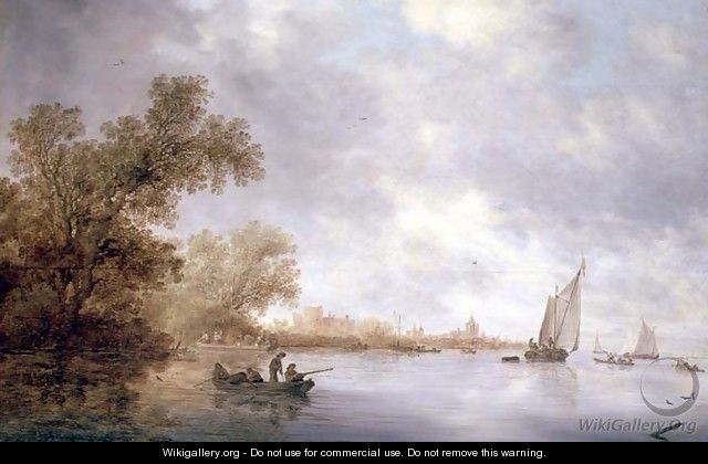 View of the River Lek with Boats and Liesvelt Castle - Salomon van Ruysdael