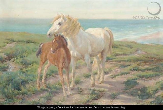 A mare and foal on a clifftop - (after) Henry William Banks Davis