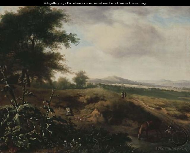 An extensive landscape with a sportsman and his dog at the edge of a wood - (after) Jan Wijnants