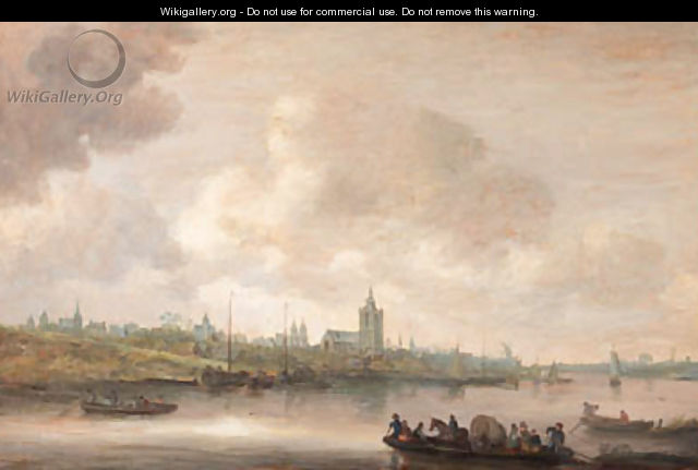 A view of Arnhem with fishermen in rowing boats in the foreground - Jan van Goyen