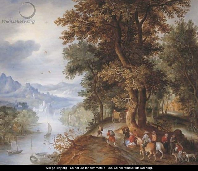 An extensive mountainous river landscape with horsemen and figures returning from the falconry, villages in the valley beyond - Jan The Elder Brueghel
