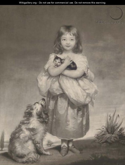 A young girl holding a cat with a dog at her side, by Samuel Reynolds - (after) James Northcote