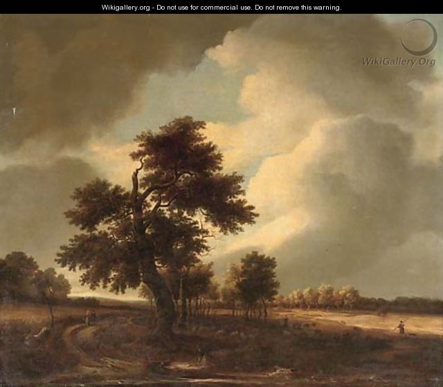 A wooded landscape with travellers on a track and a shepherd with his flock - Isaak van Ruisdael