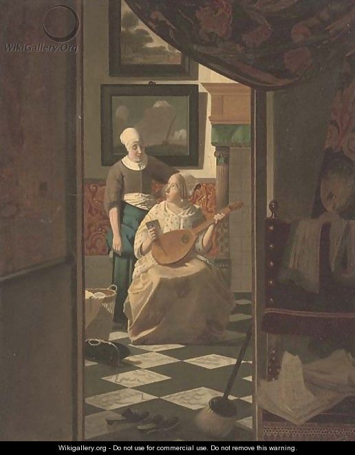 An elegant lady seated in an interior receiving a letter - (after) Johannes Vermeer