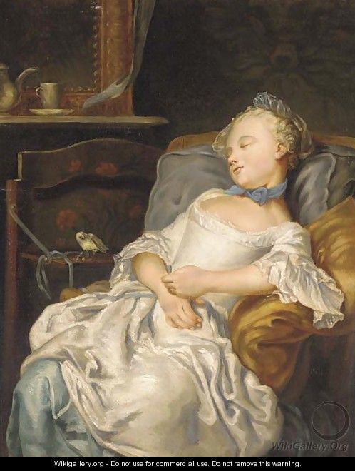 Portrait of a girl sleeping on a chair, a songbird beside her - Jean Francois Colson