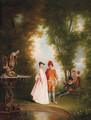 An elegant couple by a sculpted fountain - Jean-Antoine Watteau