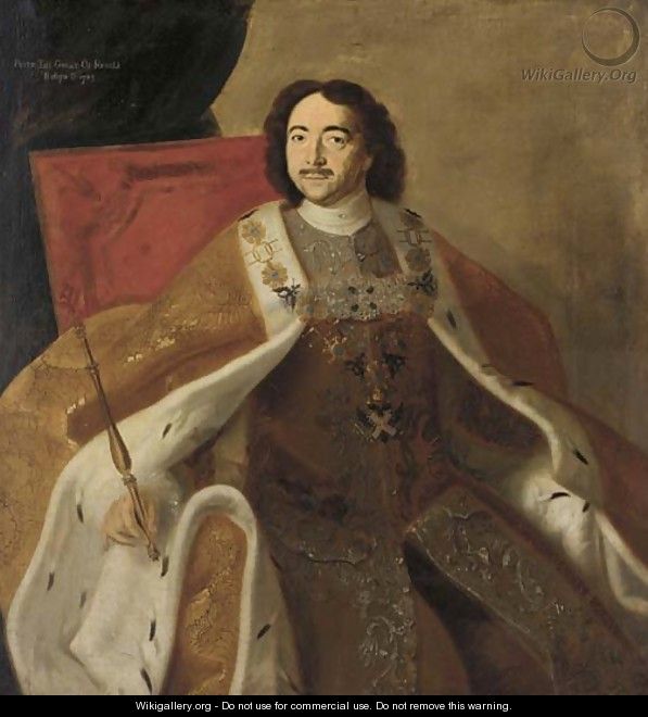 Portrait of Tsar Peter the Great, three-quarter-length sitting on the throne, in state robes with sceptre, wearing the order of St. Andrew - Louis Caravaque