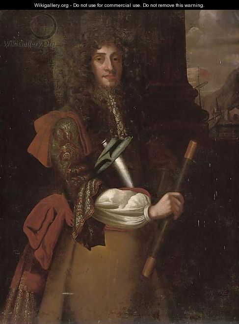 Portrait of James II (1633-1701), three-quarter-length, a telescope in his right hand, with ships beyond - (after) John Riley