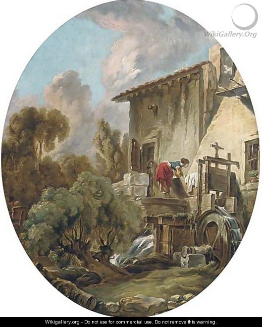 A woman washing clothes at a mill - (after) Francois Boucher