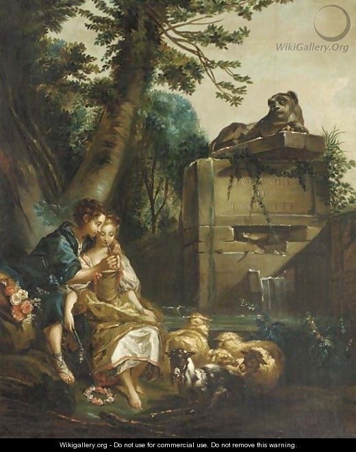 A shepherd teaching a shepherdess to play the flute - (after) Francois Boucher