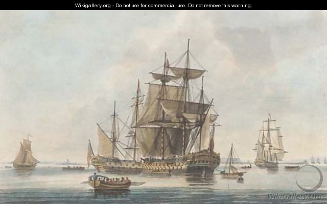 A calm at the entrance into Portsmouth, by J. Clark and J. Harribal - (after) Dominic Serres