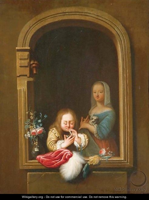 A boy in a window blowing bubbles, a girl with a dog in her arms behind - Frans van Mieris