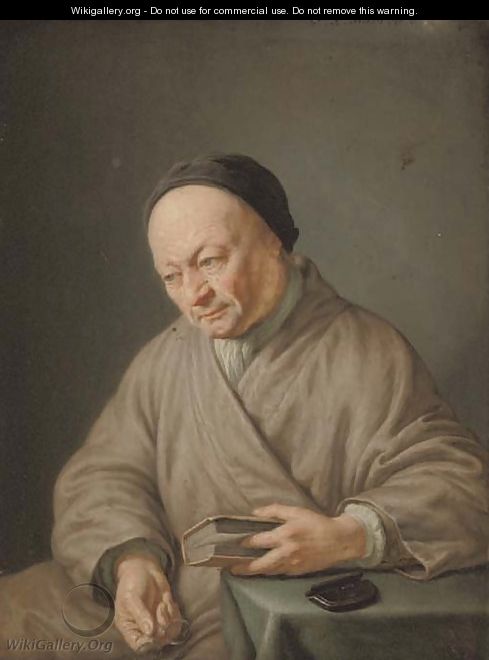 An elderly man, three-quarter-length, seated in a beige robe with a black cap, holding a book in his left hand and glasses in his right - (after) Frans Van Mieris