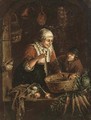 A woman and a boy at a casement with vegetables, a domestic interior beyond - (after) Gerrit Dou