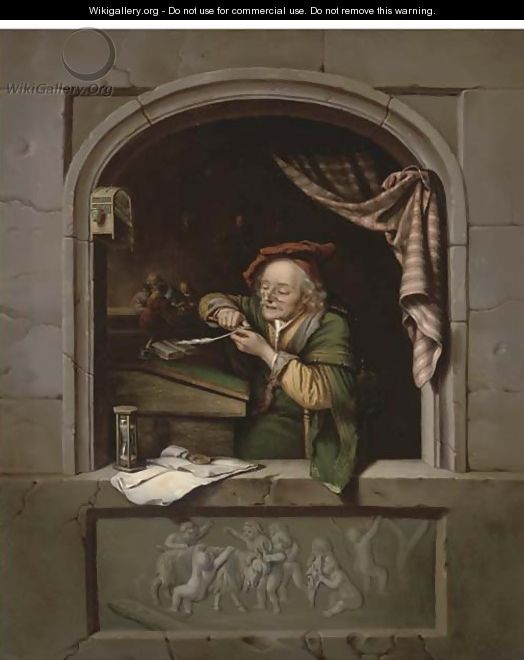 A scholar sharpening his quill at a casement - (after) Gerrit Dou