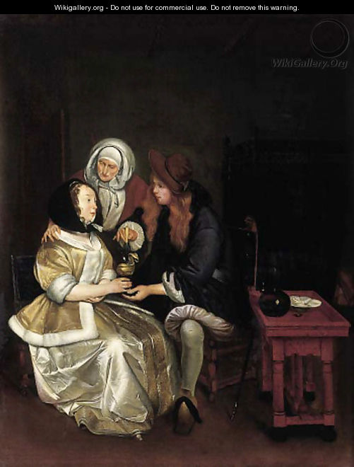 An elegant couple attended by a procuress - (after) Gerard Ter Borch